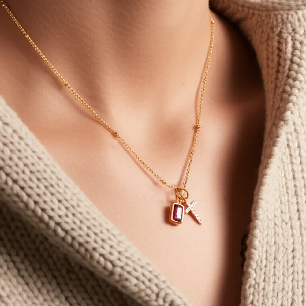 Birthstone Cross Charm Necklace - Image 3