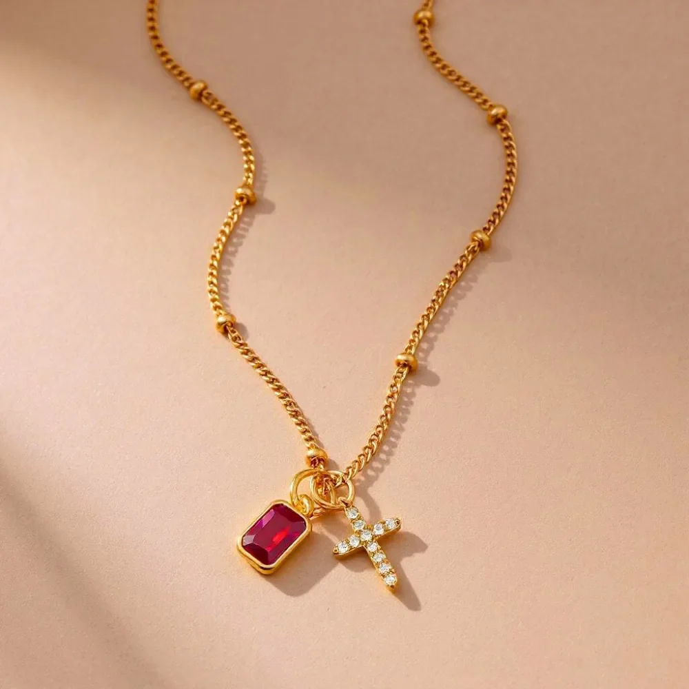 Birthstone Cross Charm Necklace - Image 4