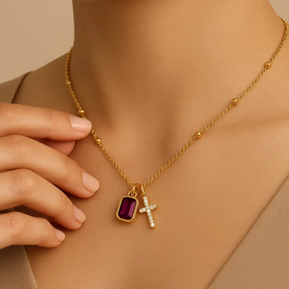 Birthstone Cross Charm Necklace - Image 5