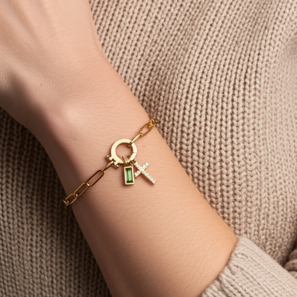 Paperclip Birthstone Cross Charm Bracelet - Image 3