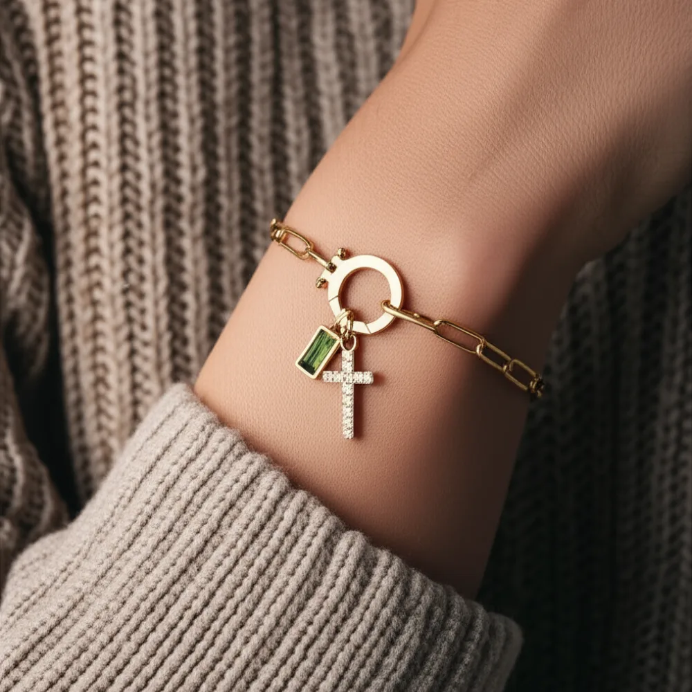 Paperclip Birthstone Cross Charm Bracelet - Image 5